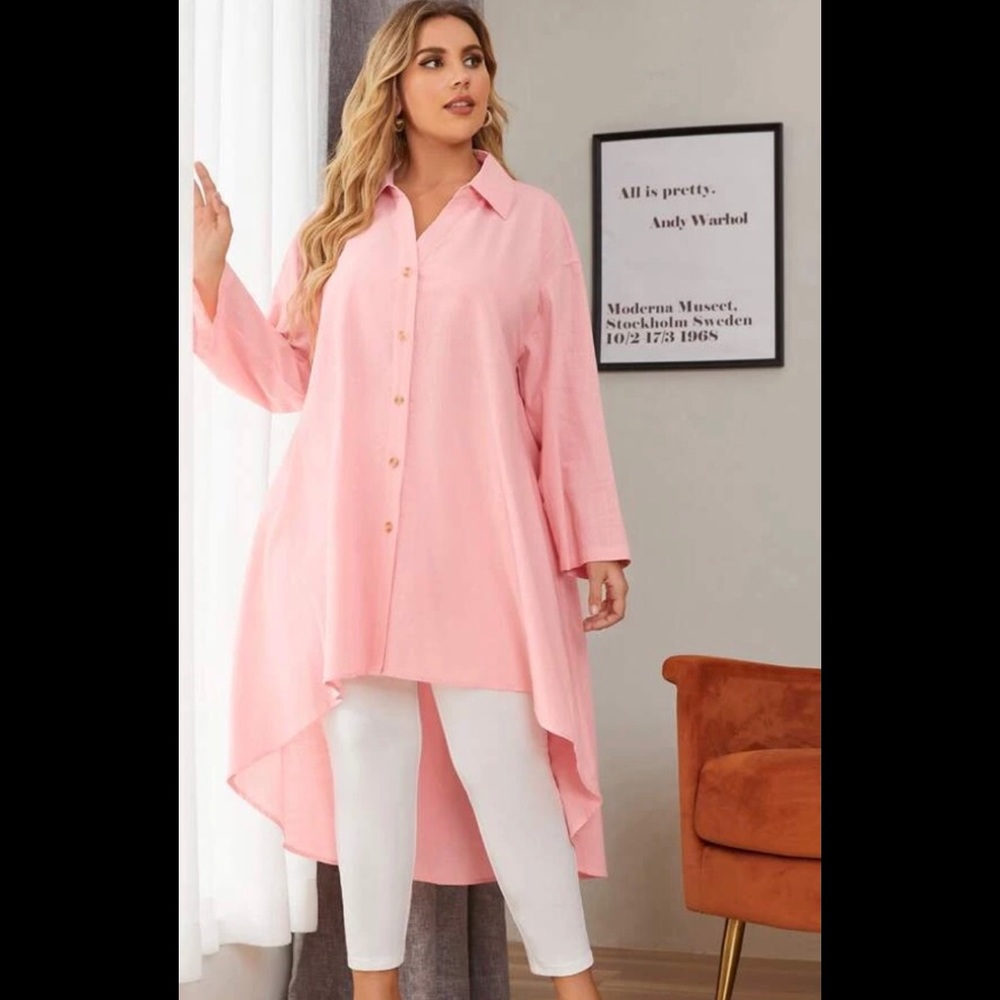 SHEIN Pink High-Low Button-Down Blouse